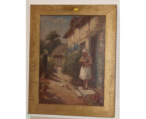 Oil painting on canvas - Young Girl wearing a bonnet, standing in a cottage doorway holding a kitten with birds feeding on th