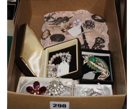 Silver pill box and book mark together with a pearl brooch and bracelet, a Trifari brooch with faux diamonds and jade, silver