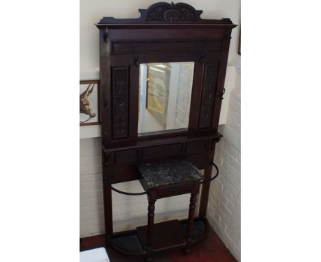 Victorian carved mahogany hall stand fitted with one drawer with Art Nouveau handle below a black and white marble top, with 