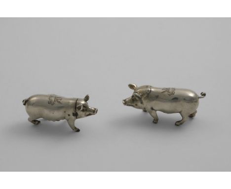 A VICTORIAN CAST NOVELTY SOW PEPPER CASTER &amp; MATCHING BOAR MUSTARD POT &amp; SPOON, each engraved with a crest &amp; mott