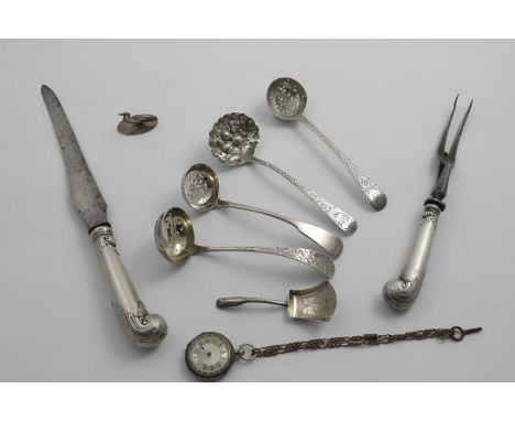 A MIXED LOT:- Four various antique sugar sifter ladles, a George III engraved caddy shovel, a carving knife &amp; fork (with 