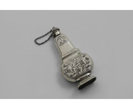 AN EARLY 18TH CENTURY SCENT FLASK with a domed stopper, secured by a chain, engraved on one side with a swan in a river lands