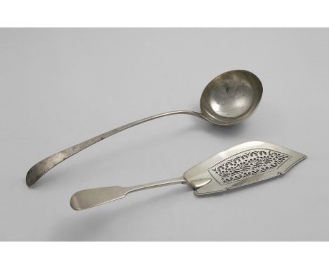 A GEORGE III OLD ENGLISH PATTERN SOUP LADLE maker's mark only "TT" script (struck four times), London c.1780 and an early Vic