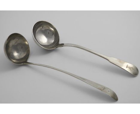 A GEORGE IV SCOTTISH SOUP LADLE Fiddle pattern, crested, maker's mark "IM", Edinburgh 1829 and another with a pointed end, en