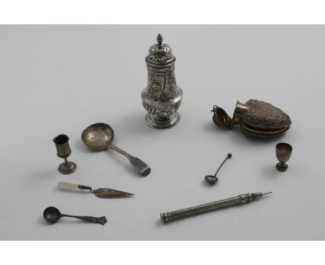 A MIXED LOT:- A Victorian embossed pepper caster by G.M. Jackson, London 1883, a late Victorian heart-shaped scent bottle cas