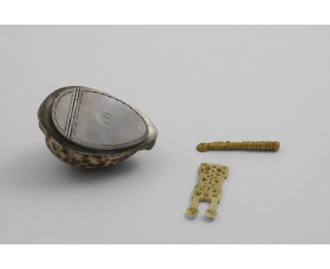 AN EARLY VICTORIAN SCOTTISH PROVINICAL MOUNTED COWRIE SHELL SNUFF BOX with border engraving around the cover and script initi