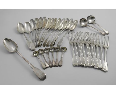 A GEORGE III PART-SERVICE OF FIDDLE PATTERN FLATWARE TO INCLUDE:- Twelve table forks, fourteen table spoons, six salt spoons,