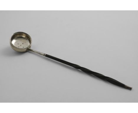 A GEORGE III SCOTTISH PUNCH LADLE with a squat circular bowl and a twisted whalebone handle, initialled "S" on the base of th