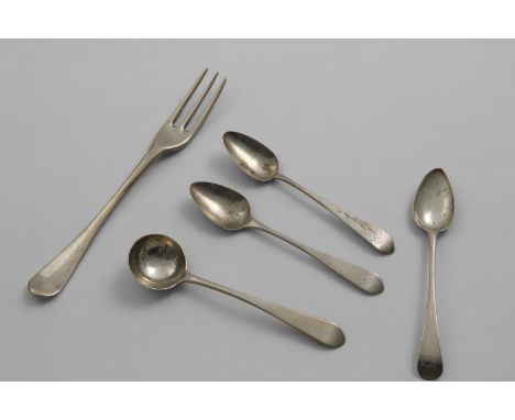 A PAIR OF SCOTTISH PROVINCIAL TEA SPOONS initialled, by James Erskine of Aberdeen (IE, thistle, cockerel), c.1800, another te