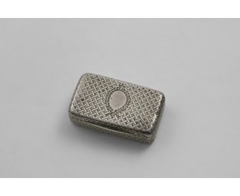 A GEORGE IV ENGRAVED SNUFF BOX rectangular with rounded corners and a trelliswork pattern with a vacant wreath cartouche on t