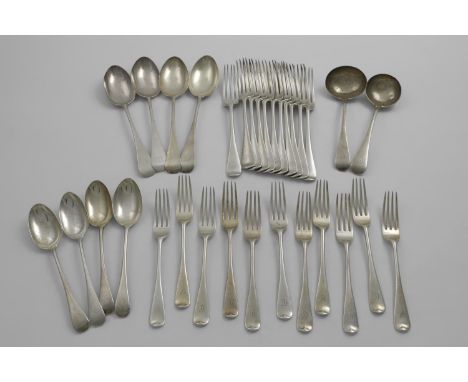 A LATE VICTORIAN PART SERVICE OF OLD ENGLISH PATTERN FLATWARE TO INCLUDE:- Eleven table forks, eleven dessert forks and one s