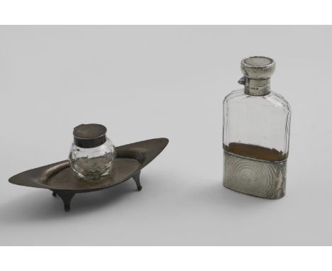 A MOUNTED CUT-GLASS SPIRIT FLASK with engine-turned decoration, by Synyer &amp; Beddoes, Birmingham 1919 and a small inkstand