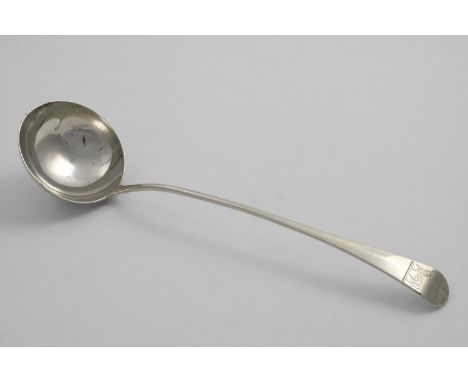 A GEORGE III OLD ENGLISH PATTERN SOUP LADLE crested, by Thomas Wallis, London 1796;  13.2"  (33.5 cms);  5.4 oz