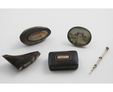 A GEORGE III MOUNTED SHELL SNUFF BOX with chased decoration, a concealed hinge and the inscription "R.C Camsn. Margt.Haldane 