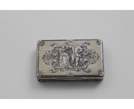 A MID 19TH CENTURY FRENCH PARCELGILT, NIELLOWORK SNUFF BOX rectangular with rounded corners, the cover depicting a dancing co