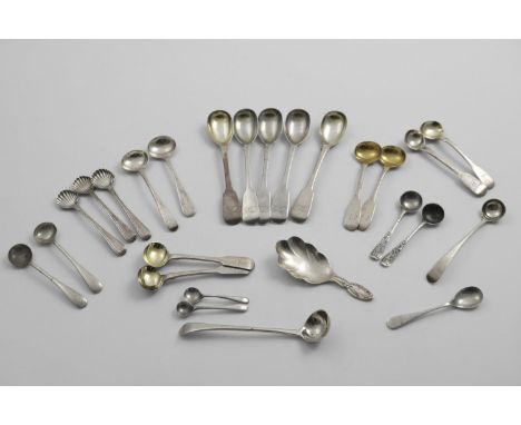 A QUANTITY OF ASSORTED CONDIMENT AND OTHER SMALL SPOONS TO INCLUDE:- A set of five George IV Fiddle pattern egg spoons, a pai