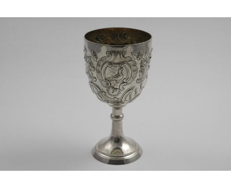 A LATE VICTORIAN EMBOSSED TROPHY GOBLET (for pigeon racing) with a cartouche on each side; one inscribed "Y B Races, Best Ave