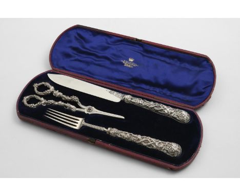 A VICTORIAN CASED DESSERT SERVING KNIFE &amp; FORK &amp; A PAIR OF GRAPE SHEARS with vine-decorated handles (the knife &amp; 