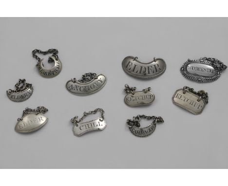 A SMALL COLLECTION OF ANTIQUE SAUCE LABELS:- A kidney-shaped "ANCHOVY" by Margaret Binley, a "Lemon Pickle" gorget by Peter &