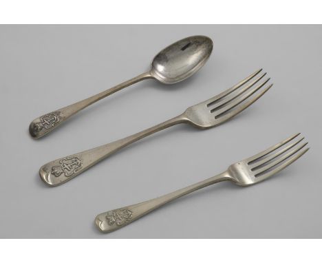 VICTORIAN ADMIRALTY PATTERN FLATWARE:- A table fork by J. Hunt &amp; R. Roskell, London 1866 and a dessert spoon &amp; fork b