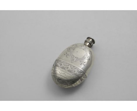 AN EARLY VICTORIAN SMALL OVAL SPIRIT FLASK with engraved decoration, two vacant cartouches, a screw cap and pull-off cup, mak