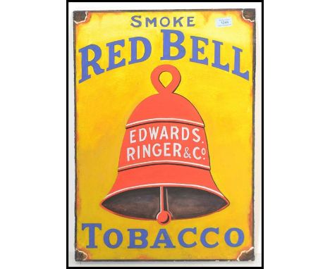 A contemporary recreation of a enamel advertising sign for Red Bell Tabaco, the sign hand painted on chipboard with yellow gr