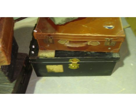 Vintage painted tin trunk and suitcase with travel labels including Orient Express