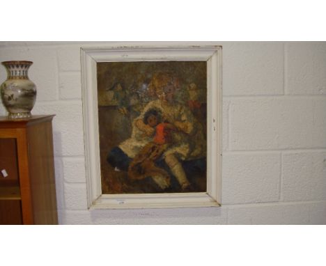 Interesting Mid 20th century oil on canvas Full Portrait study of Girl playing with Doll in white painted frame with Kensingt