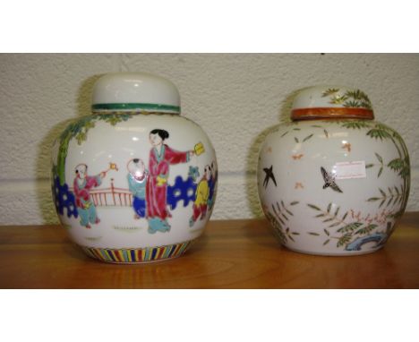 Chinese ginger jar and lid decorated with Children Playing 15 cms x 12 cms  & one other