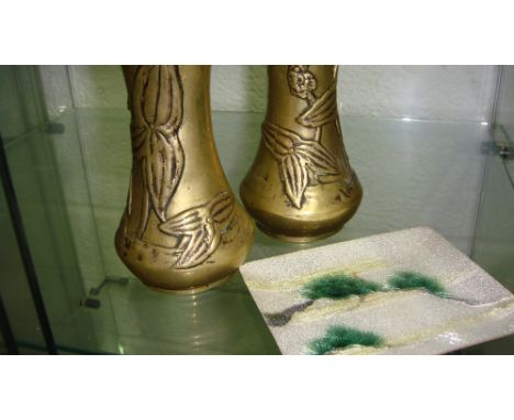 Pair of brass Art Nouveau style vases & vintage Japanese enamel dish