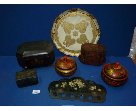 A quantity of lacquered Pots, boxes and a tray, including a tea caddy with a detailed pewter lining.