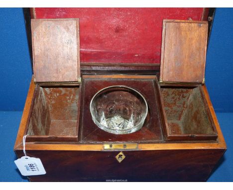 A Mahogany Tea Caddy with non-matching glass mixing bowl, inlaid panel to the lid, some damage, 11 3/4" x 5 3/4" x 6" high.
