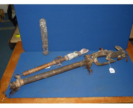 A Tribal art New Guinea Middle Sepik ceremonial lime container with incised geometric decoration to the bamboo handle and car