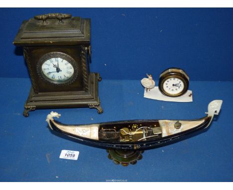 A vintage mantle clock set on a Gondola made by Zerwith (a/f) and a wooden cased battery operated carriage style Mantle clock