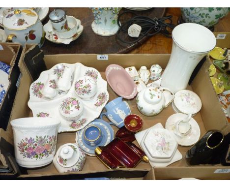 A quantity of china trinket pots , vases and jugs to include: Aynsley "Rose Garden", pink Jasperware vase, Carltonware "Rouge