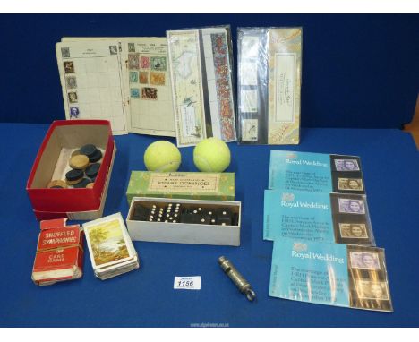 A box of miscellanea to include: dominoes, draughts, tennis balls, stamps, etc.