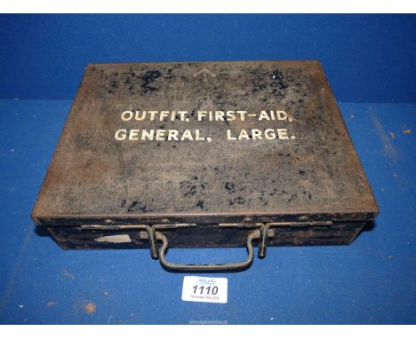 An ex-WD WWII black enamel First Aid tin with original stencilled description and having an embossed "crows foot" mark.