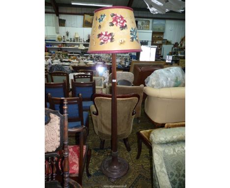 A lobed column Mahogany Standard Lamp and floral shade, 6' high approx.