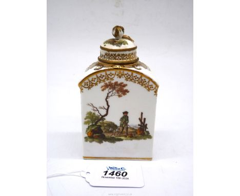 A Meissen Marcolini period tea Caddy well painted with hunting scenes embellished with laub und bandwerk, the cover with flow