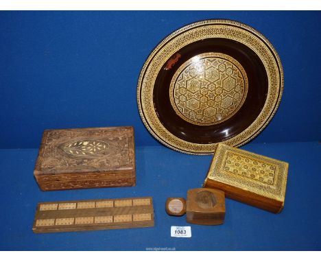 An wooden plate painted in dark brown (some losses) and with inlaid with mother of pearl, plus a rectangular inlaid box, 6 1/