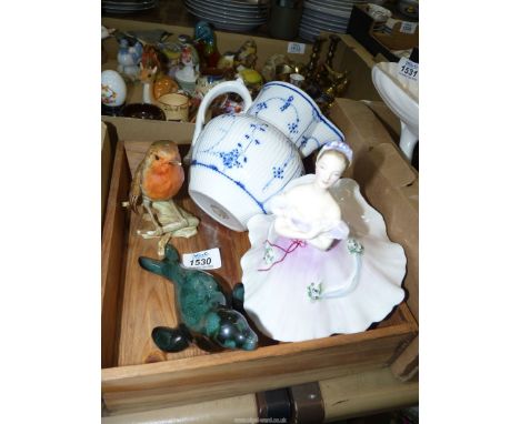 A Goebel robin, a Royal Doulton "The Ballerina", a Villeroy & Boch jug (chipped) and painted terracotta model of a seal.