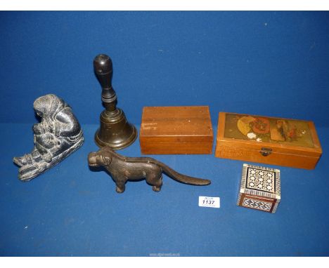 A quantity of miscellanea to include a metal Dog nutcracker (operates by lifting the tail), School bell, 8" tall, Wolf Origin