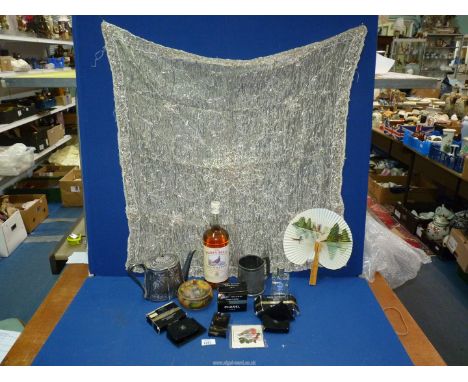 A quantity of miscellaneous to include: a litre bottle of "The Famous Grouse" Scotch Whisky, Chanel cosmetics, a pewter tanka