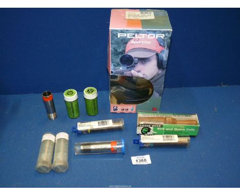 **COLLECTION ONLY**  Eight x 12 bore shot gun chokes, Browning league quail caller and a pair of boxed Peltor ear protectors.