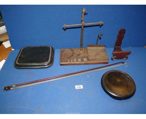 A brass Postal scales and wooden base, plus violin bow (a/f).