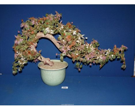 A large vintage jade and glass Bonsai tree blossom in pot (some damage to leaves), 28" wide x 17 1/2" tall