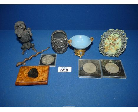 A box of odds including a 19th century Dead Stone pot, metal figure of a begging spaniel, burr snuff box, sealed Silver Jubil