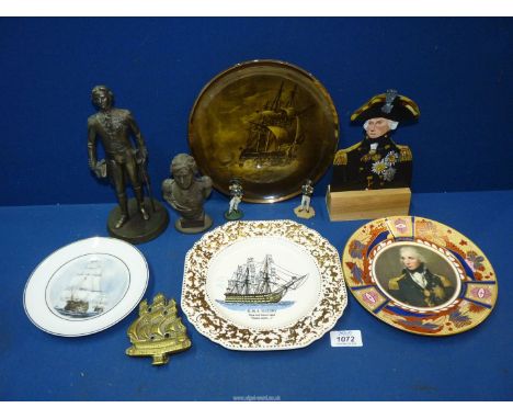 A small quantity of Nelson's memorabilia to include: a bust,figure brass door knocker, Corgi figures, etc plus four souvenir 