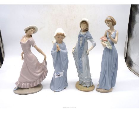 Four Nao figures to include: two in Regency style dresses.  a girl praying and a girl holding a bouquet of roses the tallest 