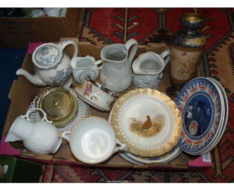 A quantity of china to include Two "British Heritage" Portmeirion jugs, Royal Worcester "Vitreous" grouse plate, Ribbon plate